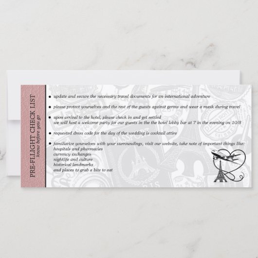 Dusty Roos Paris Wedding Boarding Pass Uitnodiging (Achterkant)