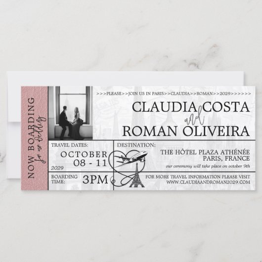 Dusty Roos Paris Wedding Boarding Pass Uitnodiging (Voorkant)