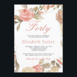 Dusty Roos Peach Cream Floral 40ste Verjaardagsfee Kaart<br><div class="desc">Klassieke,  elegante uitnodiging voor een 40-jarig verjaardagsfeest met een handgeschilderde tuin rozen lijst van blush roze,  bleke roestige rode,  perzikkleurige crème en beige bruine bruine bruine bloemen met bladeren op een witte achtergrond.              Eenvoudig te personaliseren met je gegevens!          Geschikt voor een voorjaar-,  zomertuin of herfsttuin/buitentuin/vintage bloemige mijlpaal herfst/jubileum/familiefeest.</div>