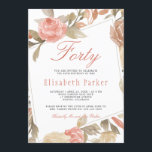 Dusty Roos Peach Cream Floral 40ste Verjaardagsfee Kaart<br><div class="desc">Klassieke,  elegante uitnodiging voor een 40-jarig verjaardagsfeest met een handgeschilderde tuin rozen lijst van blush roze,  bleke roestige rode,  perzikkleurige crème en beige bruine bruine bruine bloemen met bladeren op een witte achtergrond.              Eenvoudig te personaliseren met je gegevens!          Geschikt voor een voorjaar-,  zomertuin of herfsttuin/buitentuin/vintage bloemige mijlpaal herfst/jubileum/familiefeest.</div>
