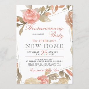 Dusty Roos Peach Cream Floral Housewarming Party Kaart