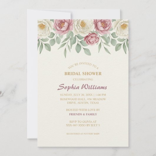Dusty Roos Peony Bridal Shower Invitation Kaart (Voorkant)
