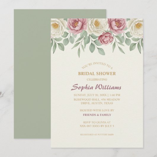 Dusty Roos Peony Bridal Shower Invitation Kaart (Voorkant / Achterkant)