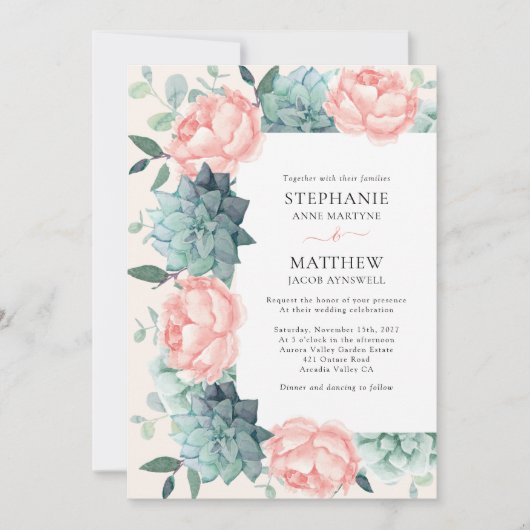 Dusty Roos Peony Succulents Eucalyptus Wedding Kaart (Voorkant)
