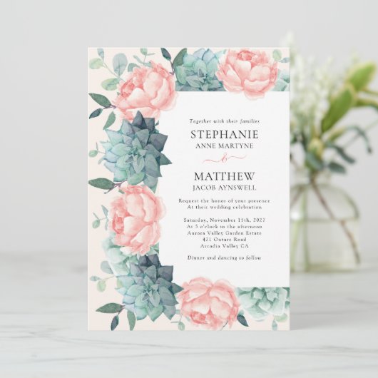 Dusty Roos Peony Succulents Eucalyptus Wedding Kaart (Staand voorkant)