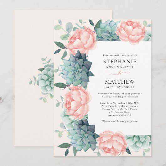 Dusty Roos Peony Succulents Eucalyptus Wedding Kaart (Voorkant / Achterkant)
