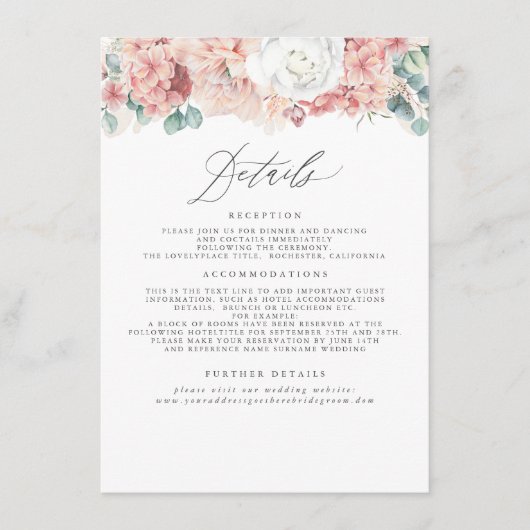 Dusty Roos Perzik Bloemen Bruiloft Informatie Informatiekaartje (Voorkant)