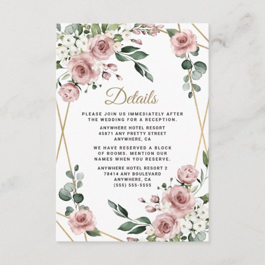 Dusty Roos Pink and Gold Floral Greenery Wedding Informatiekaartje (Voorkant)