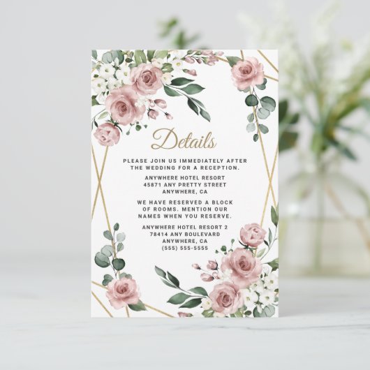 Dusty Roos Pink and Gold Floral Greenery Wedding Informatiekaartje (Staand voorkant)