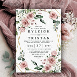 Dusty Roos Pink and Gold Floral Greenery Wedding Kaart<br><div class="desc">Het ontwerp is voorzien van een elegant geometrisch goudkleurig (bedrukt) lijst met waterverf rozen in tinten roze,  bruine en gelijkaardige tinten van stoffige rozen met witte florale elementen over verschillende soorten groene takken en bladeren. Uitzicht het collectie op deze pagina om passende producten van deze reeks te vinden.</div>