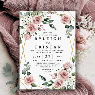 Dusty Roos Pink and Gold Floral Greenery Wedding Kaart