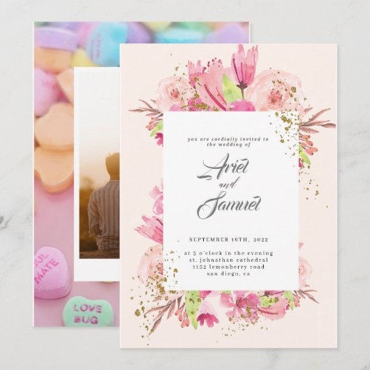 Dusty Roos Pink and Gold Floral Greenery Wedding Kaart (Voorkant / Achterkant)