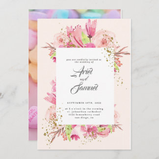 Dusty Roos Pink and Gold Floral Greenery Wedding Kaart