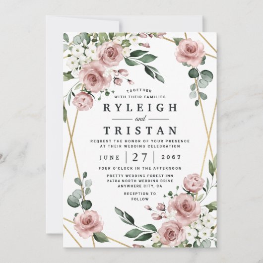 Dusty Roos Pink and Gold Floral Greenery Wedding Kaart (Voorkant)
