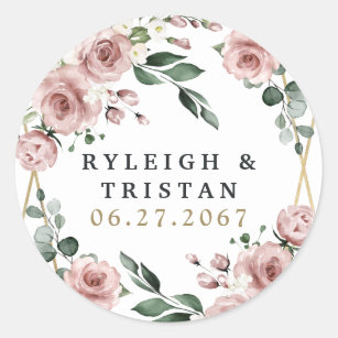 Dusty Roos Pink and Gold Floral Greenery Wedding Ronde Sticker