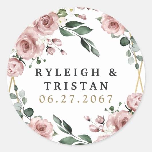 Dusty Roos Pink and Gold Floral Greenery Wedding Ronde Sticker (Voorkant)