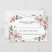 Dusty Roos Pink and Gold Floral Greenery Wedding RSVP Kaartje (Voorkant)