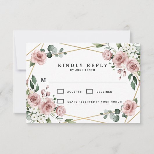 Dusty Roos Pink and Gold Floral Greenery Wedding RSVP Kaartje (Voorkant)