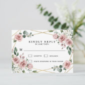 Dusty Roos Pink and Gold Floral Greenery Wedding RSVP Kaartje (Staand voorkant)