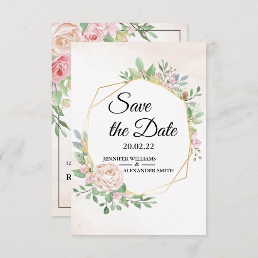 Dusty Roos Pink and Gold Floral Greenery Wedding Save The Date (Voorkant / Achterkant)