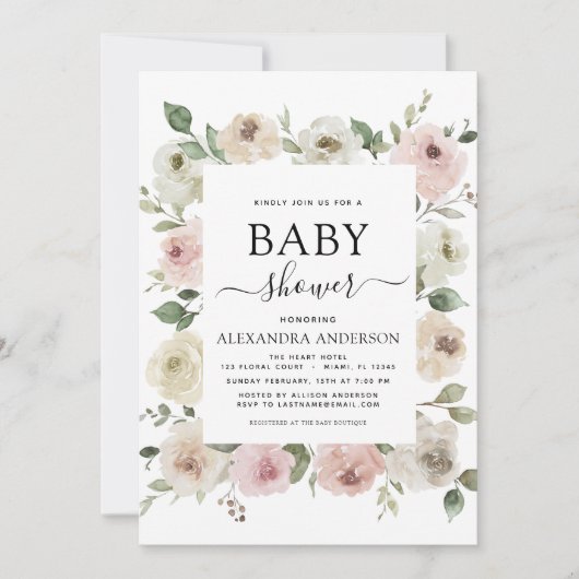 Dusty Roos Pink Baby shower Floral Greenery Kaart (Voorkant)