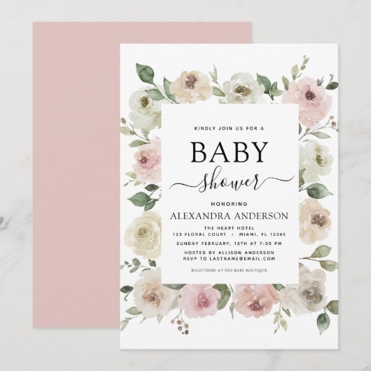 Dusty Roos Pink Baby shower Floral Greenery Kaart (Voorkant / Achterkant)