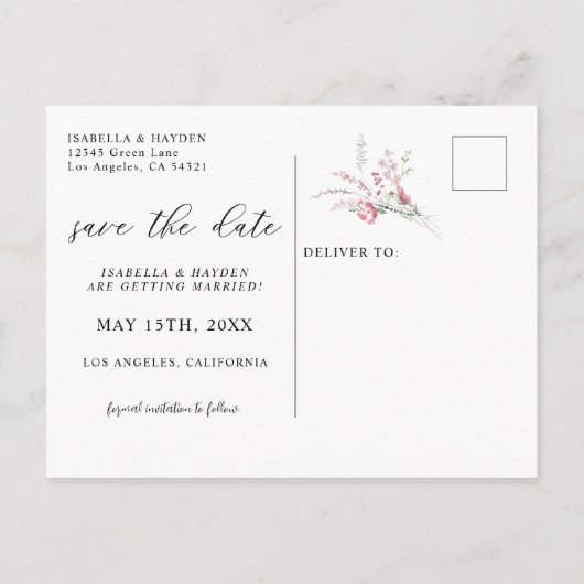 Dusty Roos Pink Blush Wild Flowers Sla de datum op Aankondigingskaart (Achterkant)