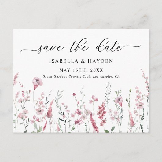 Dusty Roos Pink Blush Wild Flowers Sla de datum op Aankondigingskaart (Voorkant)