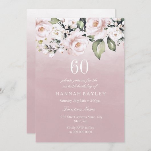 Dusty Roos Pink Blush Womans 60th Birthday Party Kaart (Voorkant / Achterkant)