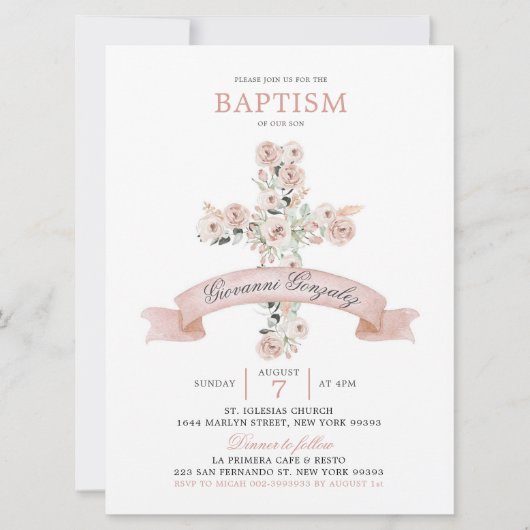 Dusty Roos Pink Cross Baptisme Uitnodiging (Voorkant)
