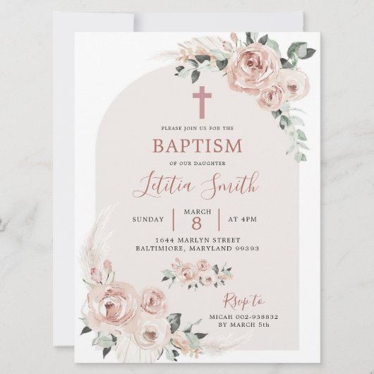 Dusty Roos Pink Cross Baptisme Uitnodiging (Voorkant)