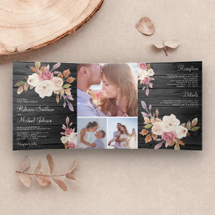 Dusty Roos Pink en Ivory Floral Barn Wood Wedding Drieluik Uitnodiging