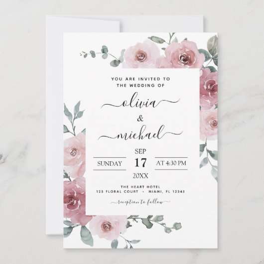 Dusty Roos Pink Floral Modern Wedding Kaart (Voorkant)