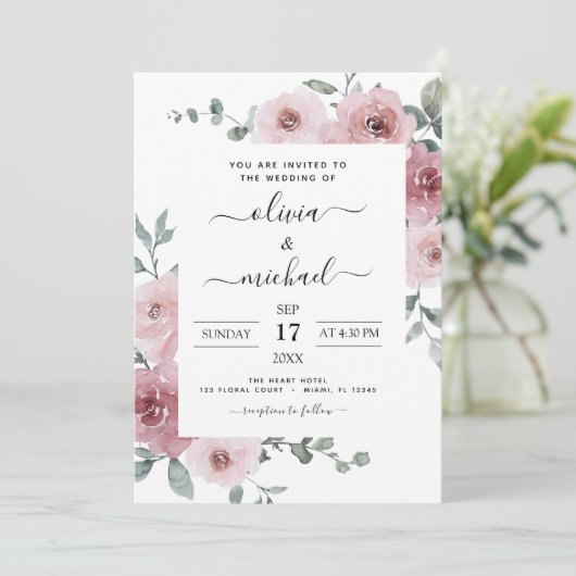 Dusty Roos Pink Floral Modern Wedding Kaart (Staand voorkant)