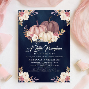 Dusty Roos Pink Floral Navy Pumpkin Baby shower Kaart