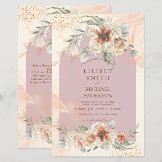 Dusty Roos Pink Floral Pampas Grass Boho Wedding (Voorkant / Achterkant)