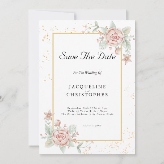 Dusty Roos Pink Floral Peony Save the Date Wedding Kaart (Voorkant)
