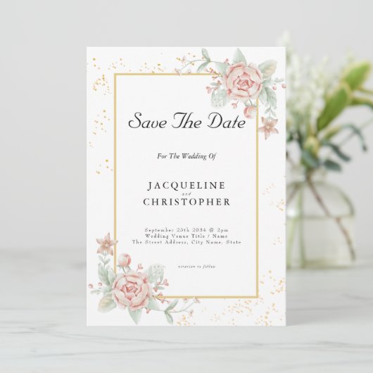 Dusty Roos Pink Floral Peony Save the Date Wedding Kaart (Staand voorkant)