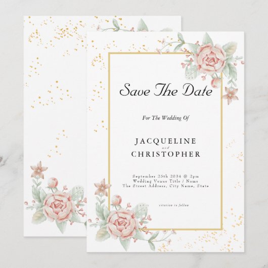 Dusty Roos Pink Floral Peony Save the Date Wedding Kaart (Voorkant / Achterkant)