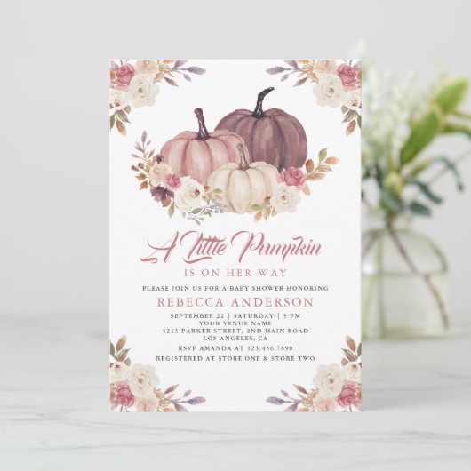 Dusty Roos Pink Floral Pumpkin Baby shower Kaart (Staand voorkant)
