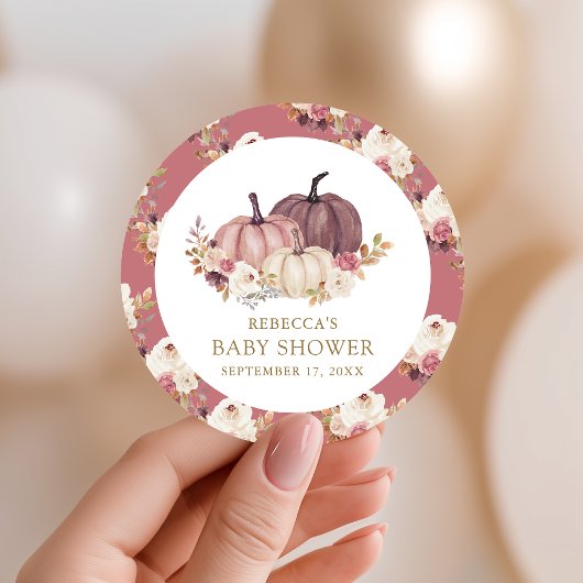 Dusty Roos Pink Floral Pumpkin Baby shower Ronde Sticker