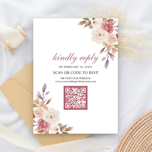 Dusty Roos Pink Floral QR Code RSVP Weddenschap Informatiekaartje