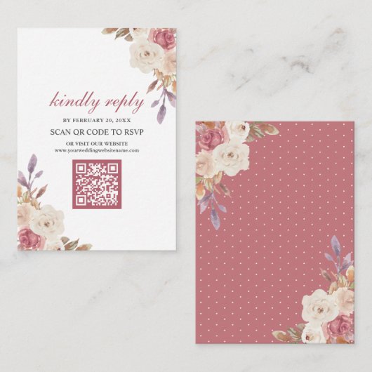 Dusty Roos Pink Floral QR Code RSVP Weddenschap Informatiekaartje (Voorkant / Achterkant)