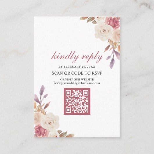 Dusty Roos Pink Floral QR Code RSVP Weddenschap Informatiekaartje (Voorkant)