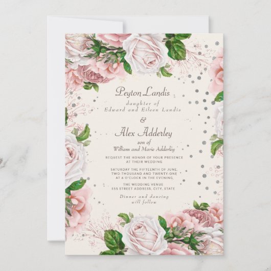 Dusty Roos Pink Floral Silver Glitter Wedding Kaart (Voorkant)