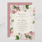 Dusty Roos Pink Floral Silver Glitter Wedding Kaart (Voorkant / Achterkant)