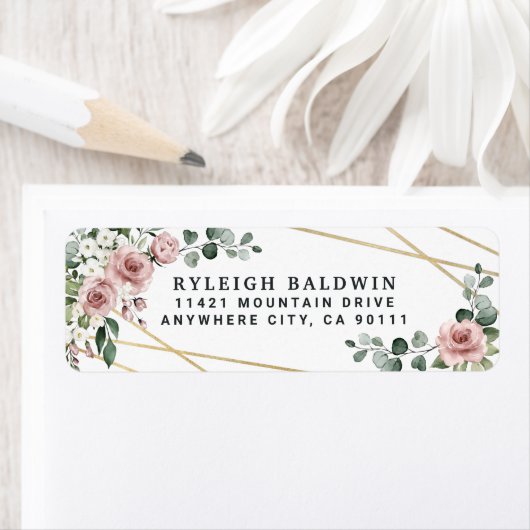 Dusty Roos Pink Gold Floral Return Address Label (Insitu)