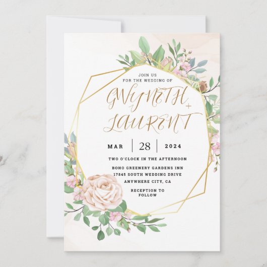 Dusty Roos Pink Gold Greenery Floral Wedding Kaart (Voorkant)