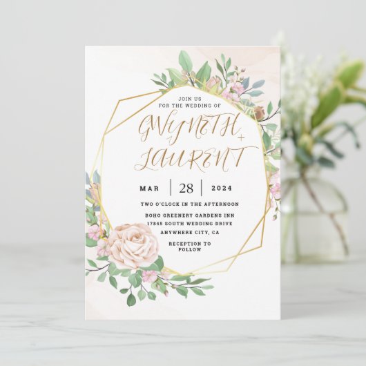 Dusty Roos Pink Gold Greenery Floral Wedding Kaart (Staand voorkant)