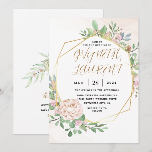 Dusty Roos Pink Gold Greenery Floral Wedding Kaart (Voorkant / Achterkant)